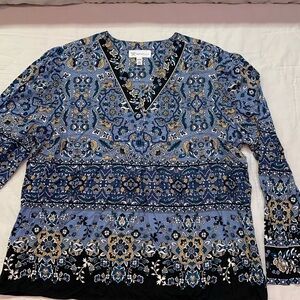 Rafaella Blue Black Paisley Floral Long Sleeve V-Neck Tunic Top Petite NWT